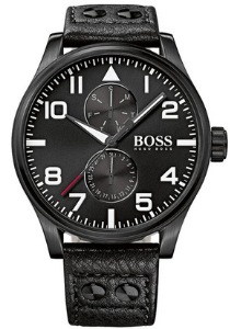 HUGO BOSS heren horloge (50 mm), zwart met zwarte leren band
