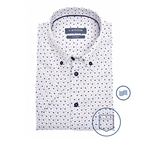 Ledub modern fit overhemd, korte mouw, wit met donkerblauw dessin