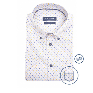 Ledub modern fit overhemd, korte mouw, wit met lichtgeel en blauw dessin