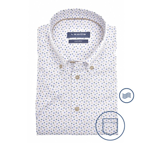 Ledub modern fit overhemd, korte mouw, wit met middengroen en blauw dessin