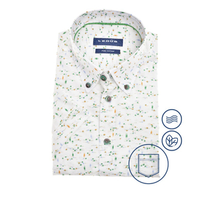 Ledub modern fit overhemd, korte mouw, wit met groen dessin