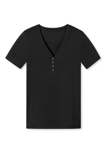 SCHIESSER Mix+Relax T-shirt, dames shirt korte mouw henley knoopsluiting zwart