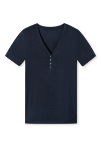 SCHIESSER Mix+Relax T-shirt, dames shirt korte mouw henley knoopsluiting blauw