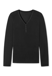 SCHIESSER Mix+Relax T-shirt, dames shirt lange mouwen modal v-hals knoopsluiting zwart