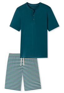 SCHIESSER Casual Nightwear pyjamaset, heren pyjama short organic cotton knoopsluiting strepen jeans blauw