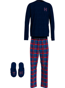 Tommy Hilfiger heren pyjama O-hals, woven flannel slippers set, blauw met geruite broek en bijpassende sloffen