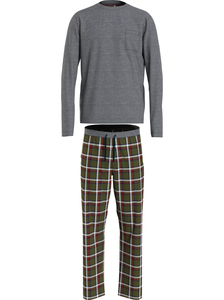 Tommy Hilfiger heren pyjama O-hals, grijs met olijfgroen geruite broek