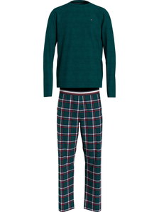 Tommy Hilfiger heren pyjama O-hals, Pj Set, groen met geruite broek