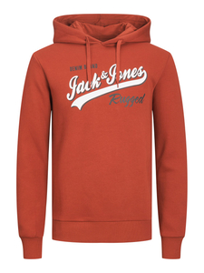 JACK & JONES Logo sweat hood regular fit, heren hoodie katoenmengsel met capuchon, warm oranje