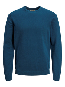 JACK & JONES Basic knit crew neck slim fit, heren pullover katoen met O-hals, middenblauw