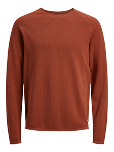 JACK & JONES Hill knit crew neck slim fit, heren pullover katoen met O-hals, warm oranje