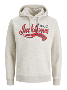 JACK & JONES Logo sweat hood regular fit, heren hoodie katoenmengsel met capuchon, wit melange