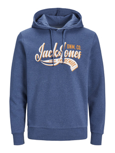 JACK & JONES Logo sweat hood regular fit, heren hoodie katoenmengsel met capuchon, middenblauw melange