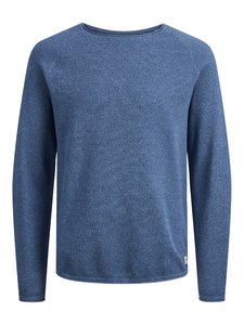 JACK & JONES Hill knit crew neck slim fit, heren pullover katoen met O-hals, lichtblauw melange