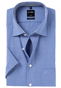 OLYMP Luxor modern fit overhemd, korte mouw, donkerblauw met wit geruit (contrast)