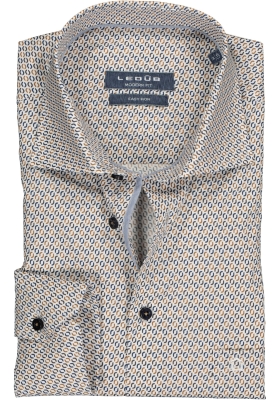 Ledub Modern Fit overhemd, bruin met blauw en wit dessin (contrast)