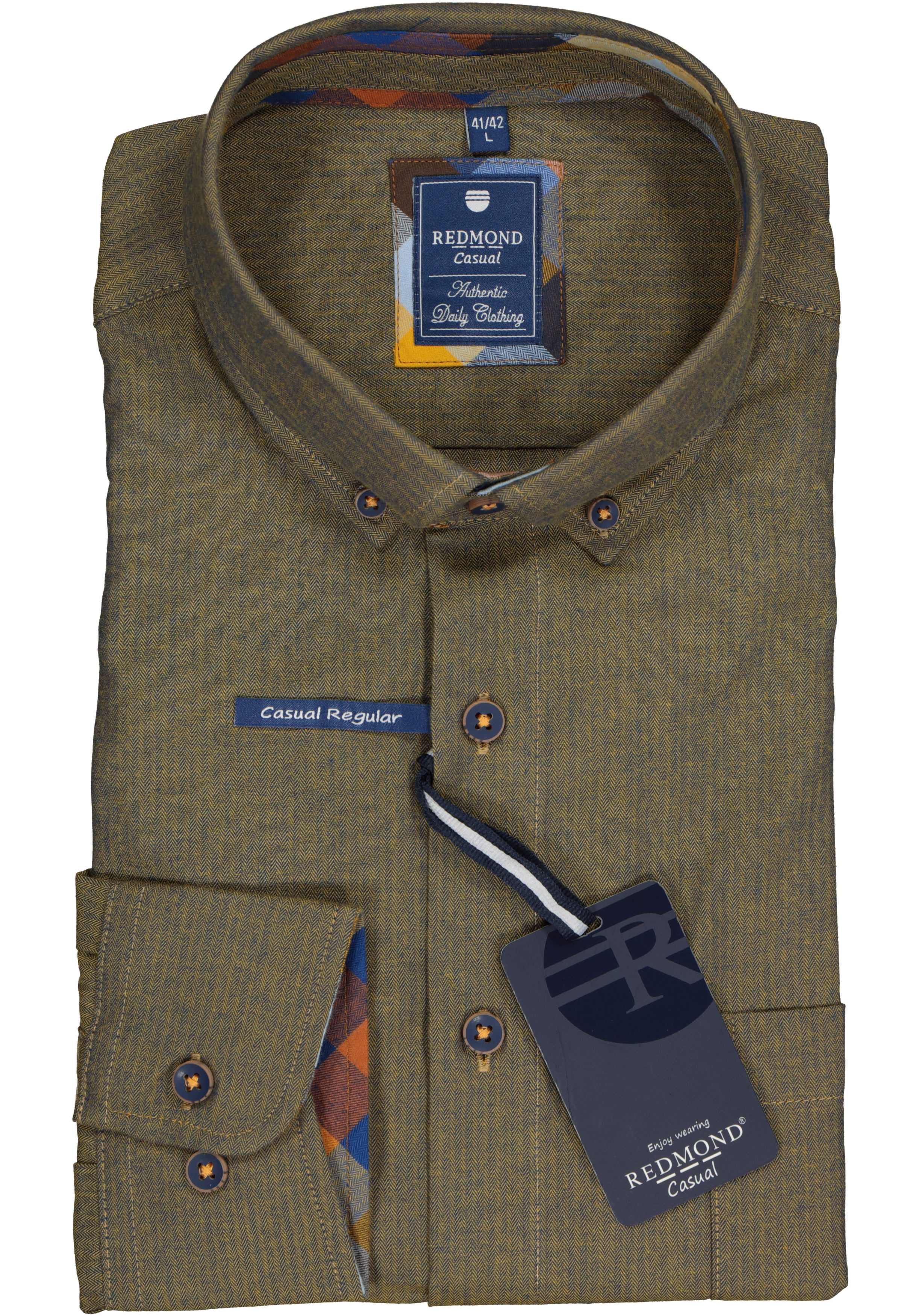 Redmond regular fit overhemd, visgraat weving, groen (contrast)