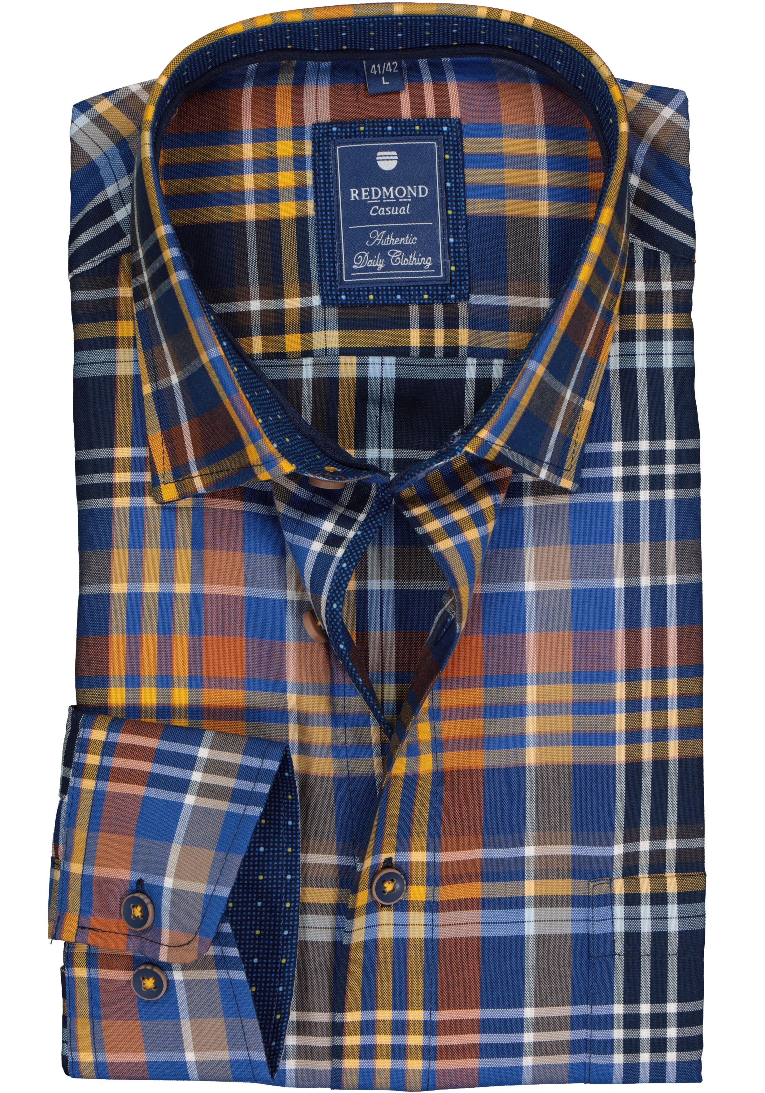 Redmond regular fit overhemd, Oxford, blauw met geel, bruin en wit geruit