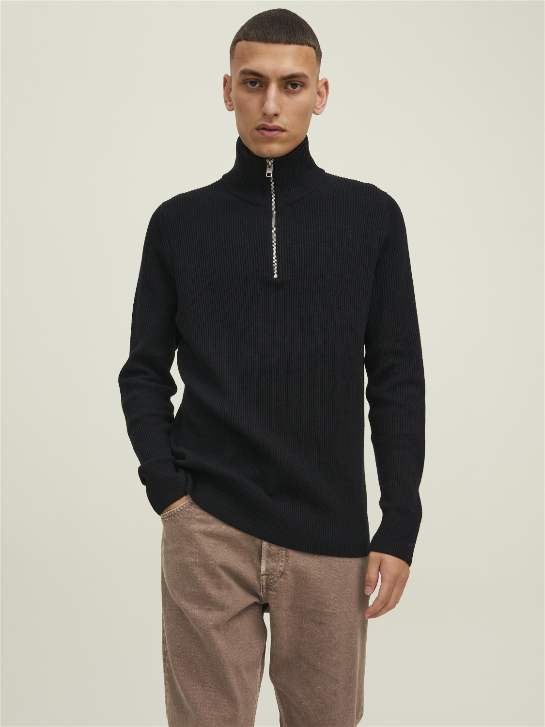 JACK & JONES Perfect knit half zip slim fit, heren schipperstrui katoenmengsel met opstaande boord, zwart