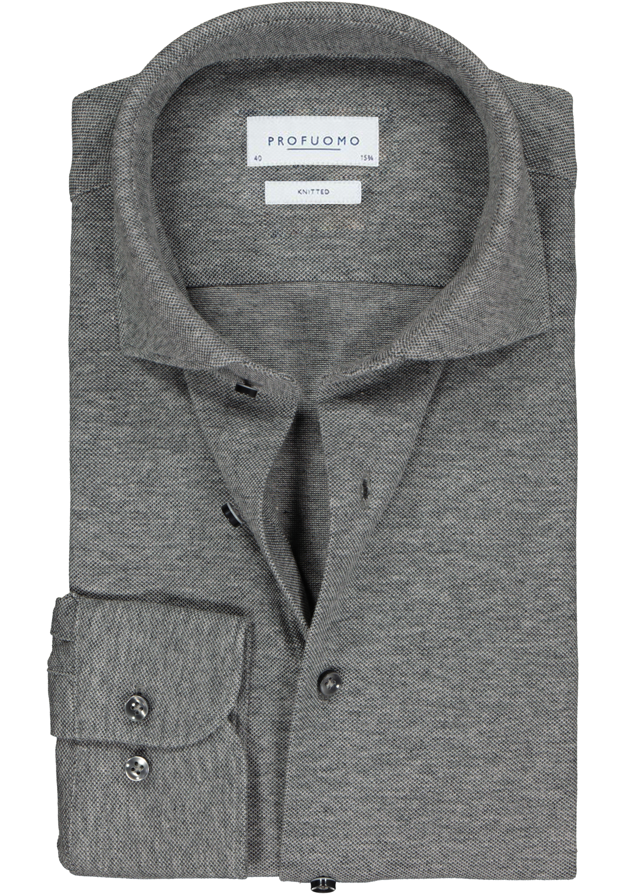 Profuomo slim fit jersey overhemd, knitted shirt pique, antraciet grijs melange