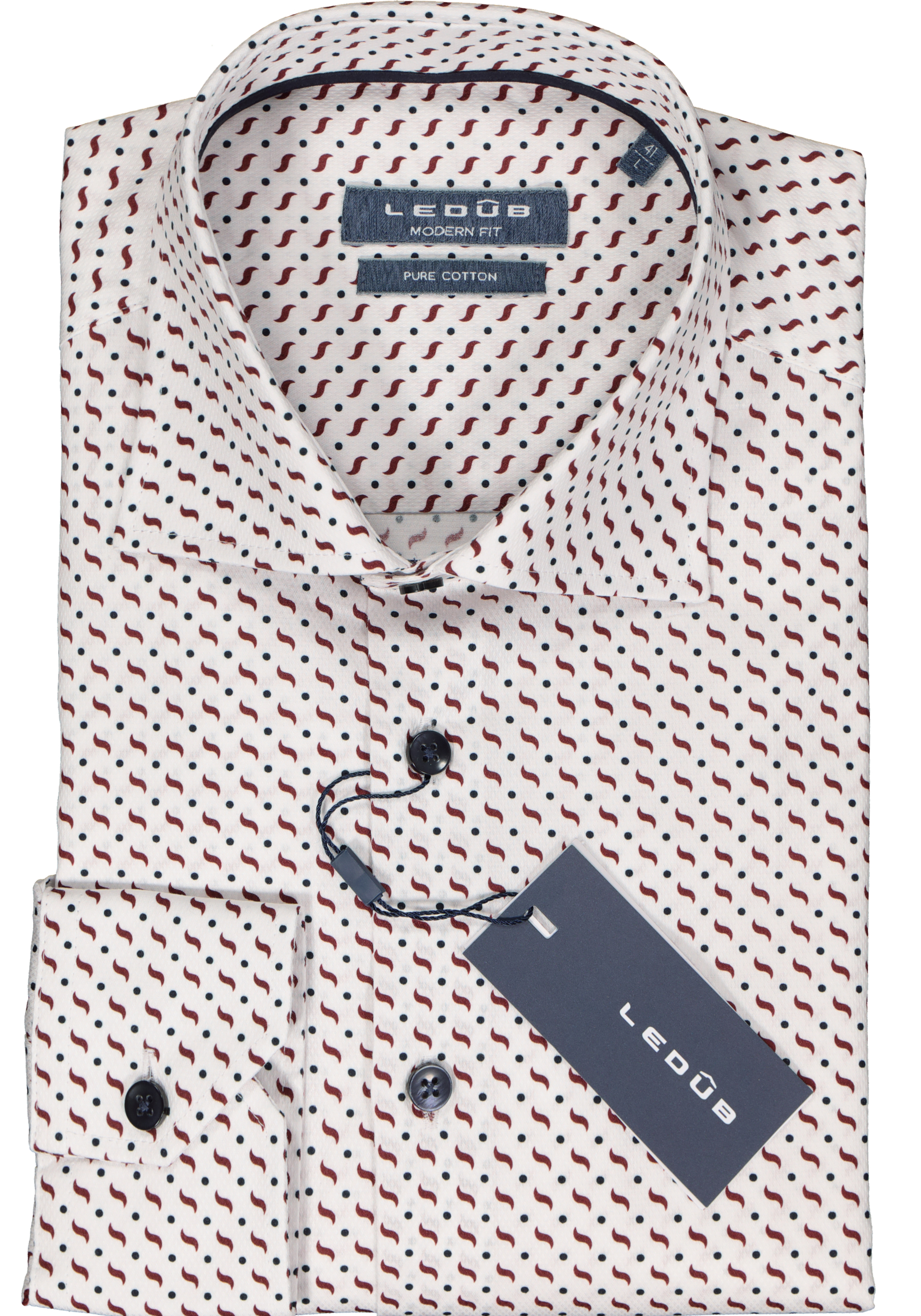Ledub modern fit overhemd, wit met blauw en rood dessin