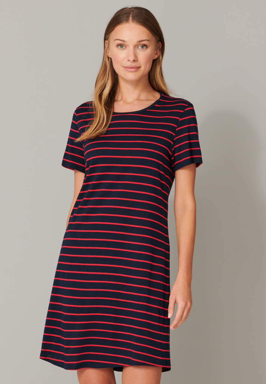 SCHIESSER selected! premium nachthemd, dames zwart-rood gestreept nachthemd met korte mouwen