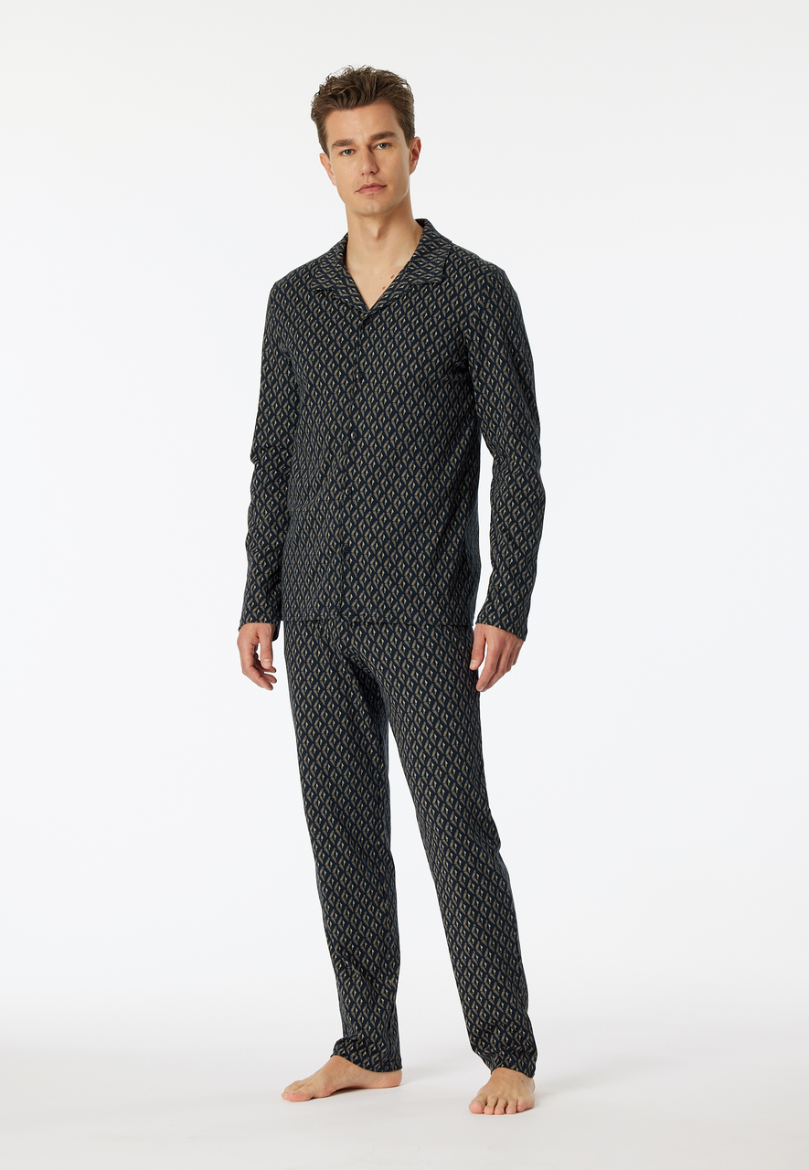 SCHIESSER Fine Interlock pyjamaset, heren pyjama lange interlock knoopsluiting nachtblauw gedessineerd