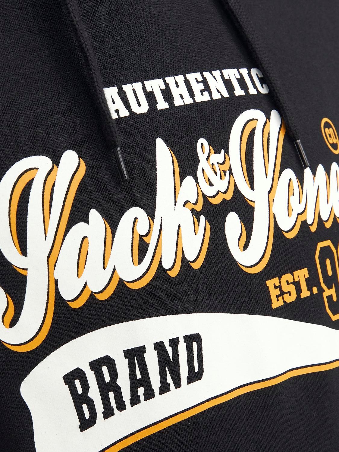 JACK & JONES Logo sweat hood regular fit, heren hoodie katoenmengsel met capuchon, zwart