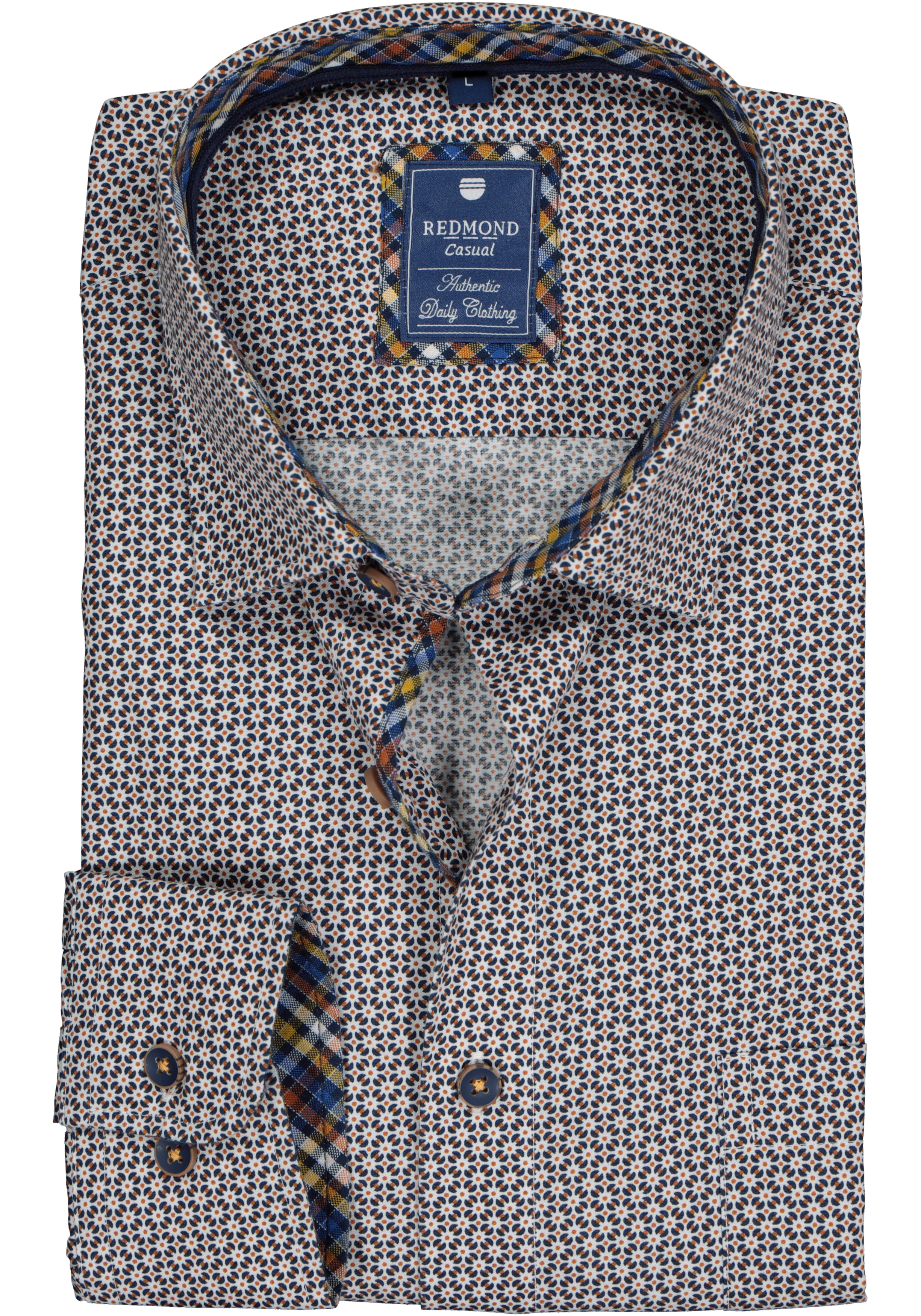 Redmond regular fit overhemd, poplin, wit met blauw en bruin dessin (contrast)