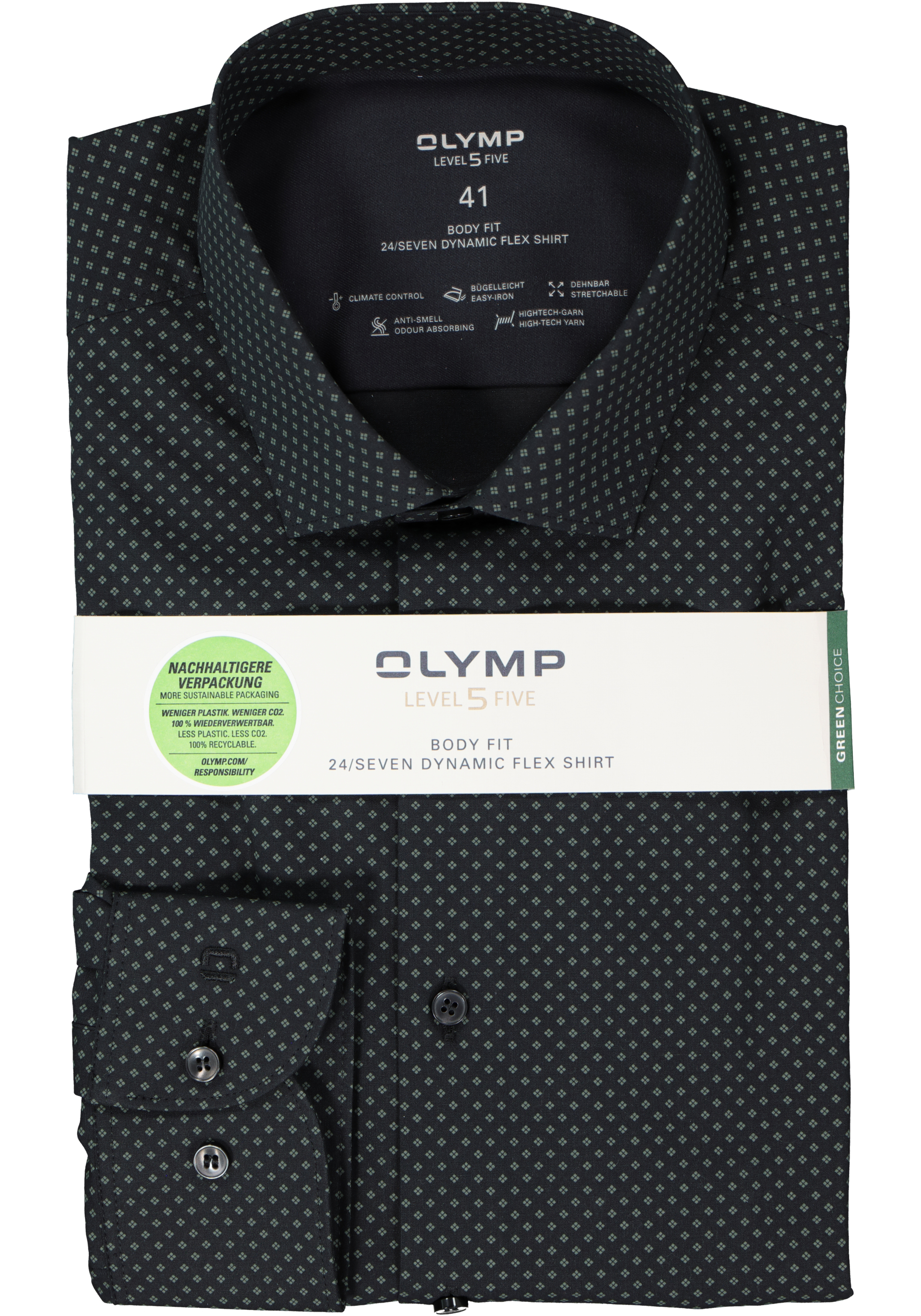 OLYMP 24/7 Level 5 body fit overhemd, tricot, olijfgroen dessin