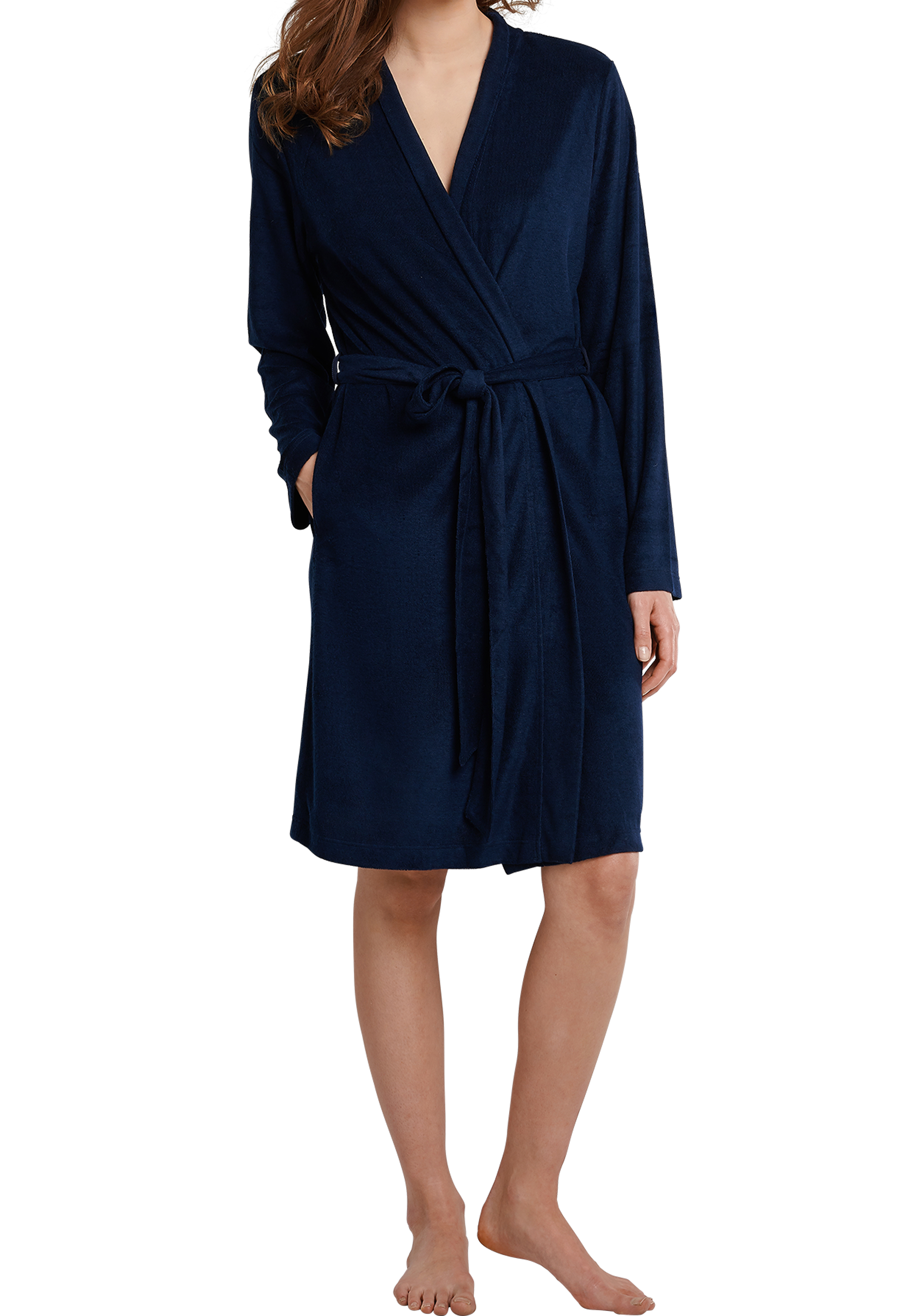 SCHIESSER dames badjas, kort model, dun badstof, donkerblauw