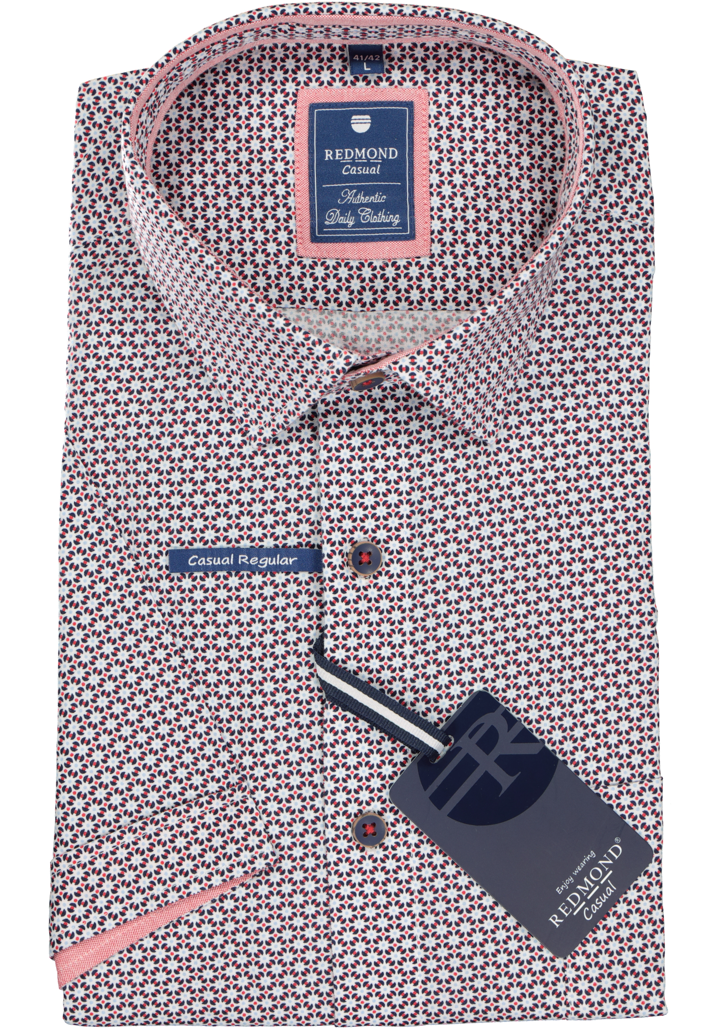 Redmond regular fit overhemd, korte mouw, poplin dessin, blauw en rood met wit