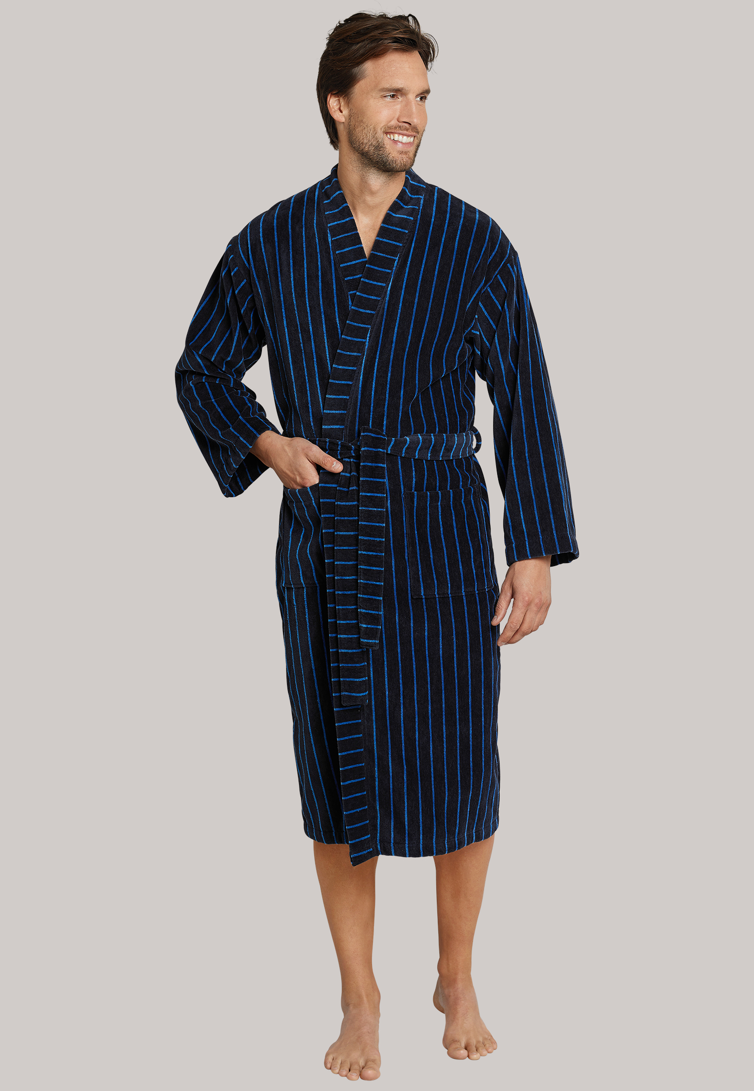 SCHIESSER heren badjas, ultralicht velours, donker blauw gestreept