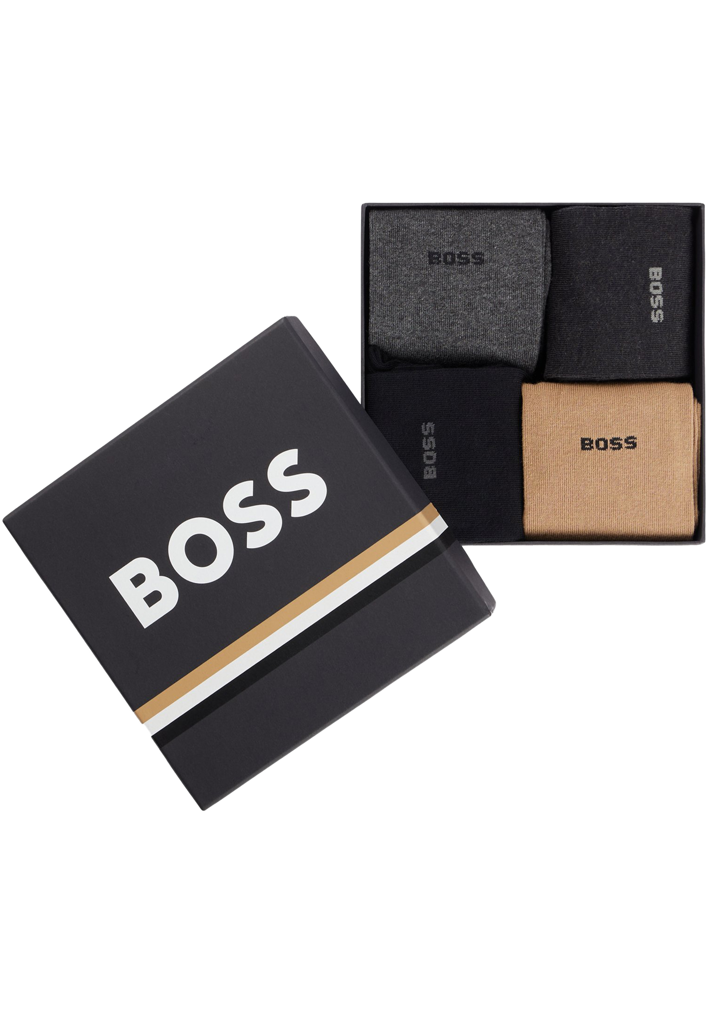 HUGO BOSS cadeauset sokken, giftbox met 4 paar heren sokken, zwart, antraciet, beige en grijs