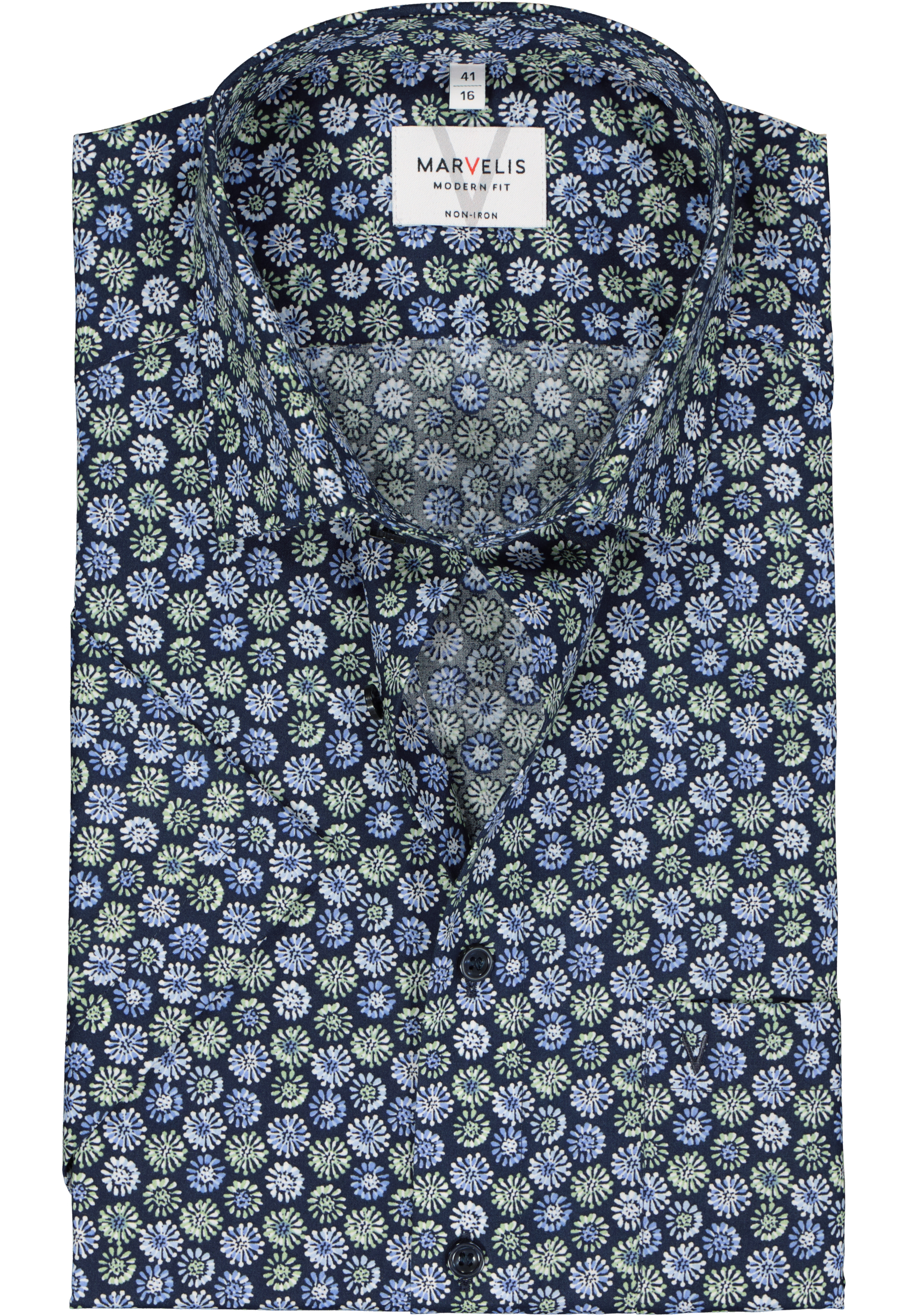 MARVELIS modern fit overhemd, korte mouw, popeline, blauw met groen en wit dessin