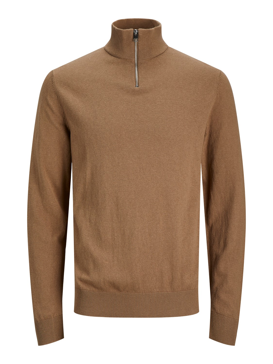 JACK & JONES Emil knit half zip slim fit, heren schipperstrui viscosemengsel met opstaande boord, camel bruin