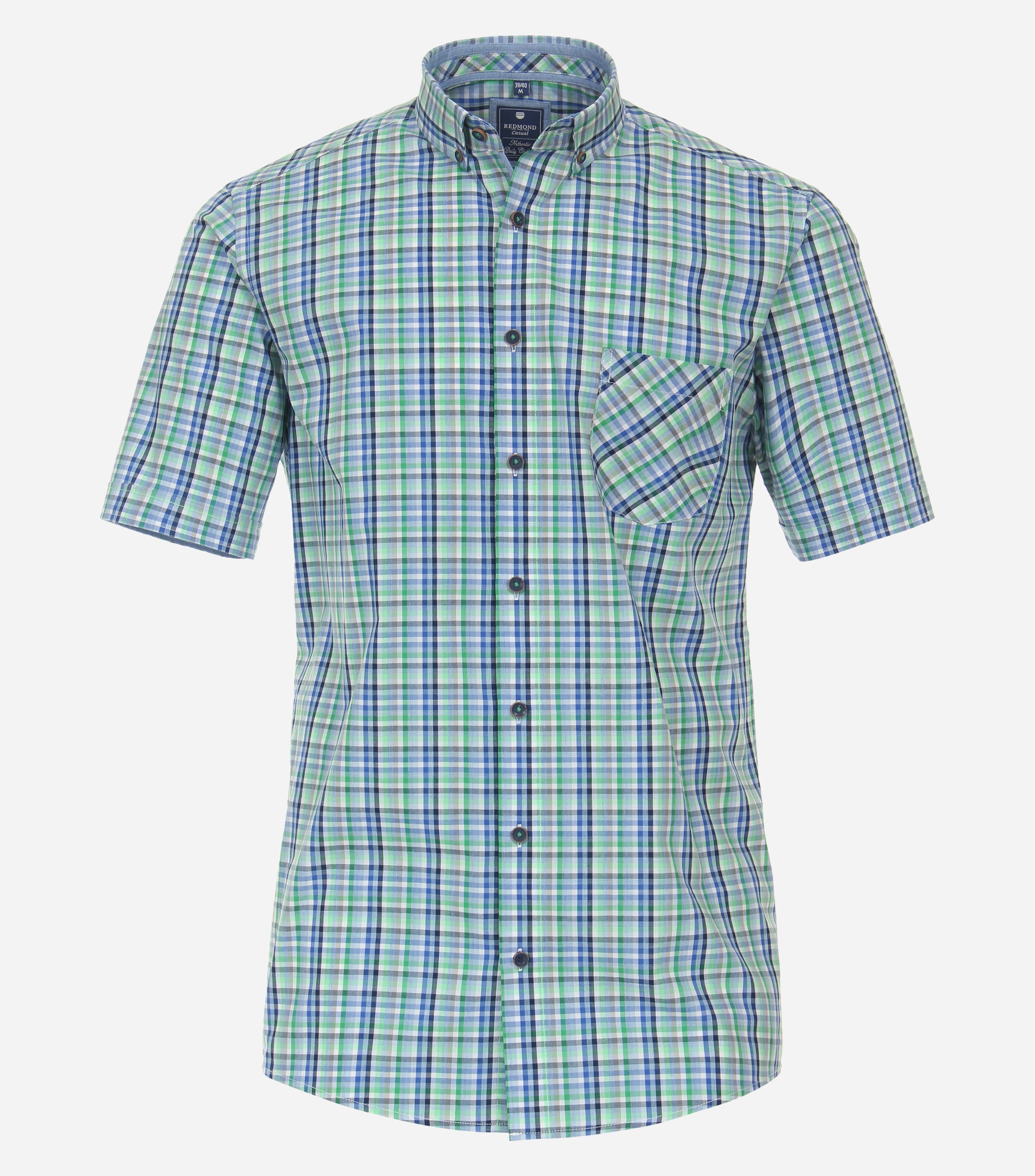 Redmond modern fit overhemd, korte mouw, popeline, groen geruit