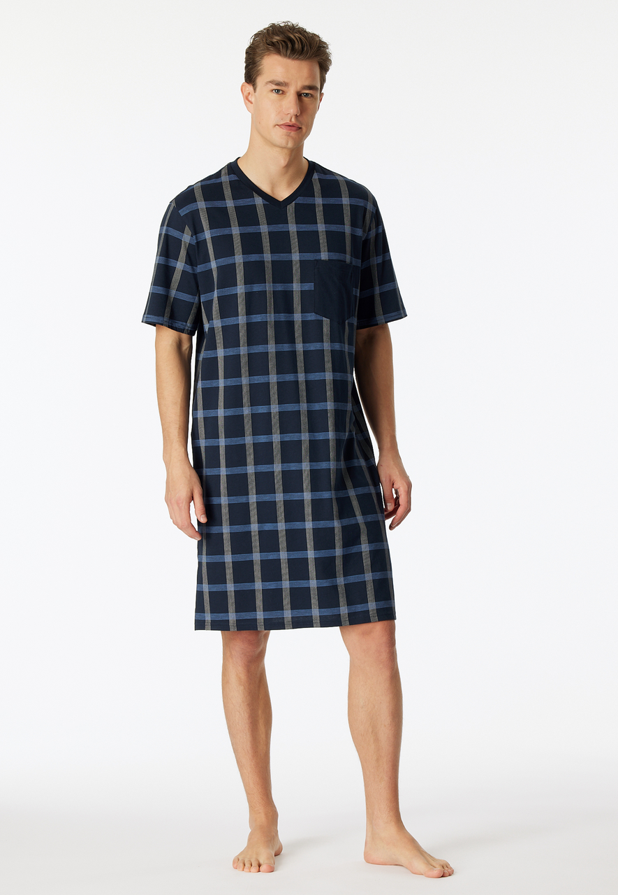 SCHIESSER Comfort Nightwear nachthemd, heren nachthemd korte mouw organic cotton V-hals borstzak nachtblauw geruit