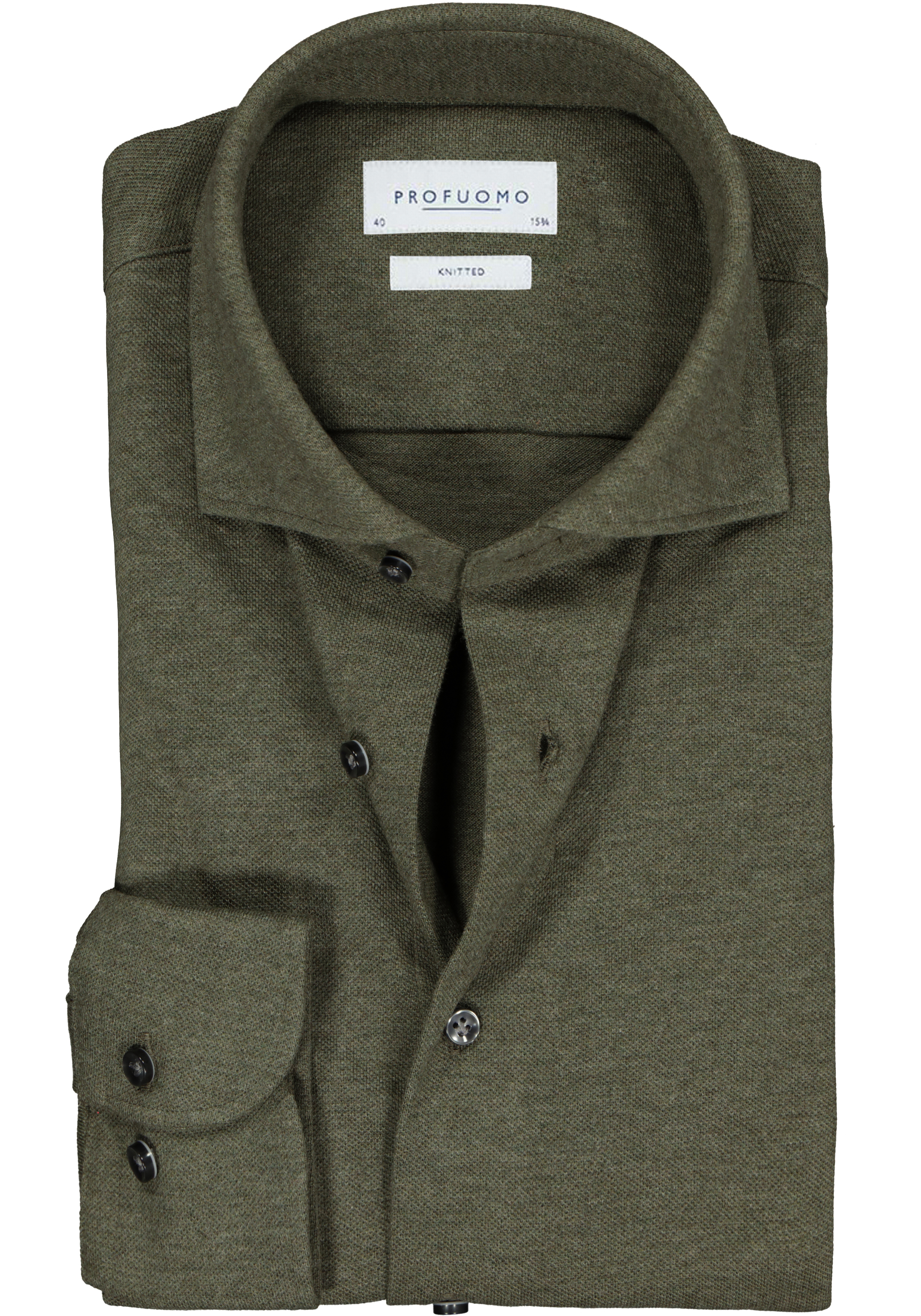 Profuomo slim fit jersey overhemd, knitted shirt pique, army groen