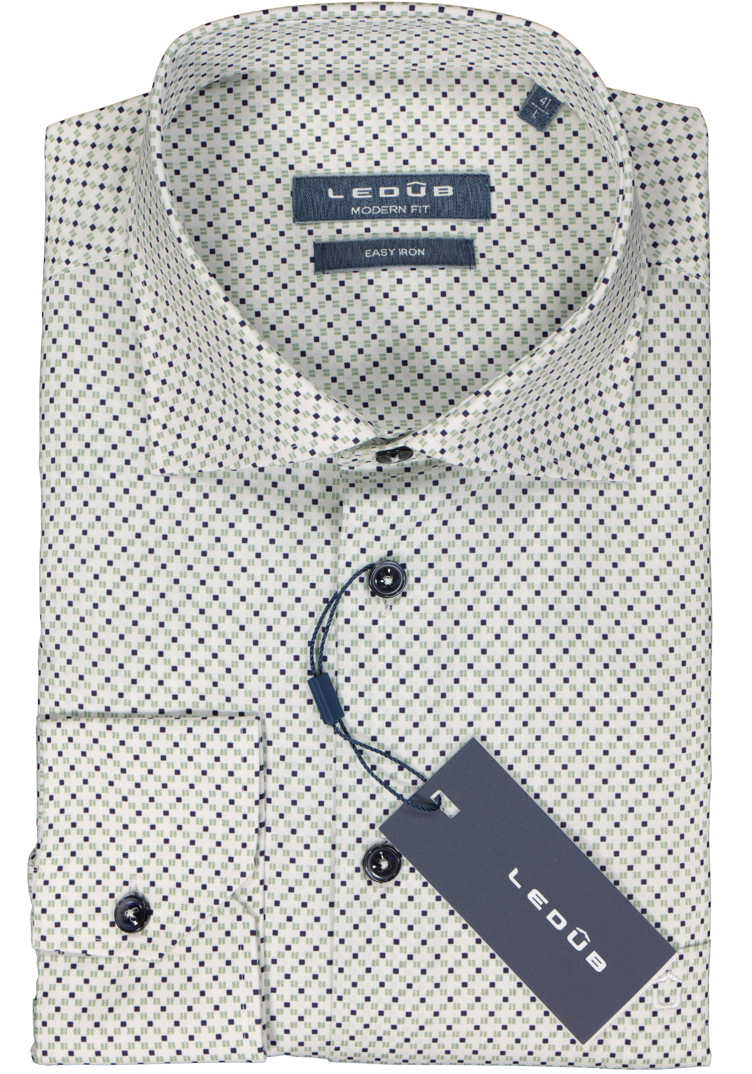Ledub modern fit overhemd, popeline, wit met groen en donkerblauw dessin
