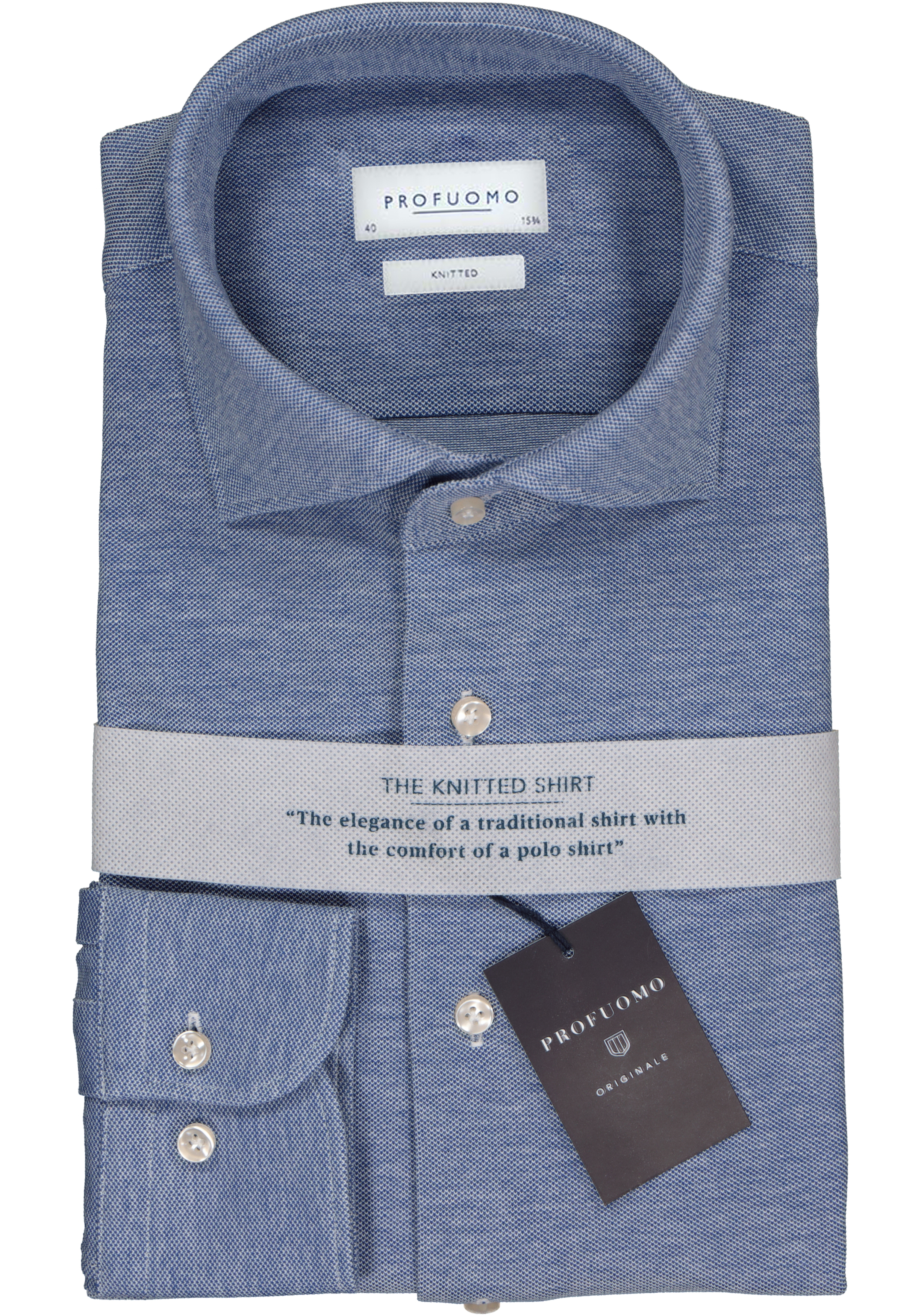 Profuomo slim fit jersey overhemd, knitted shirt pique, blauw melange
