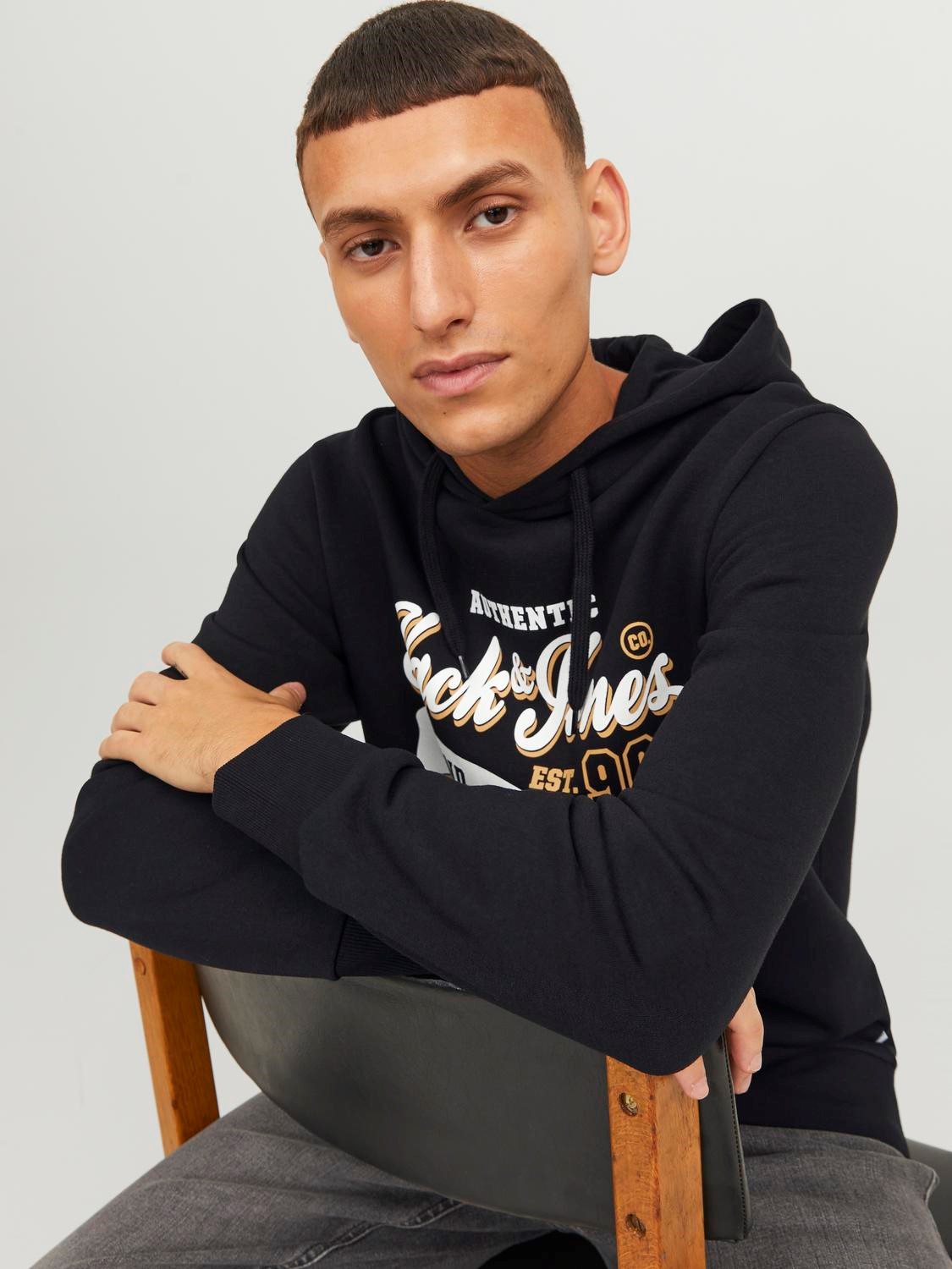 JACK & JONES Logo sweat hood regular fit, heren hoodie katoenmengsel met capuchon, zwart