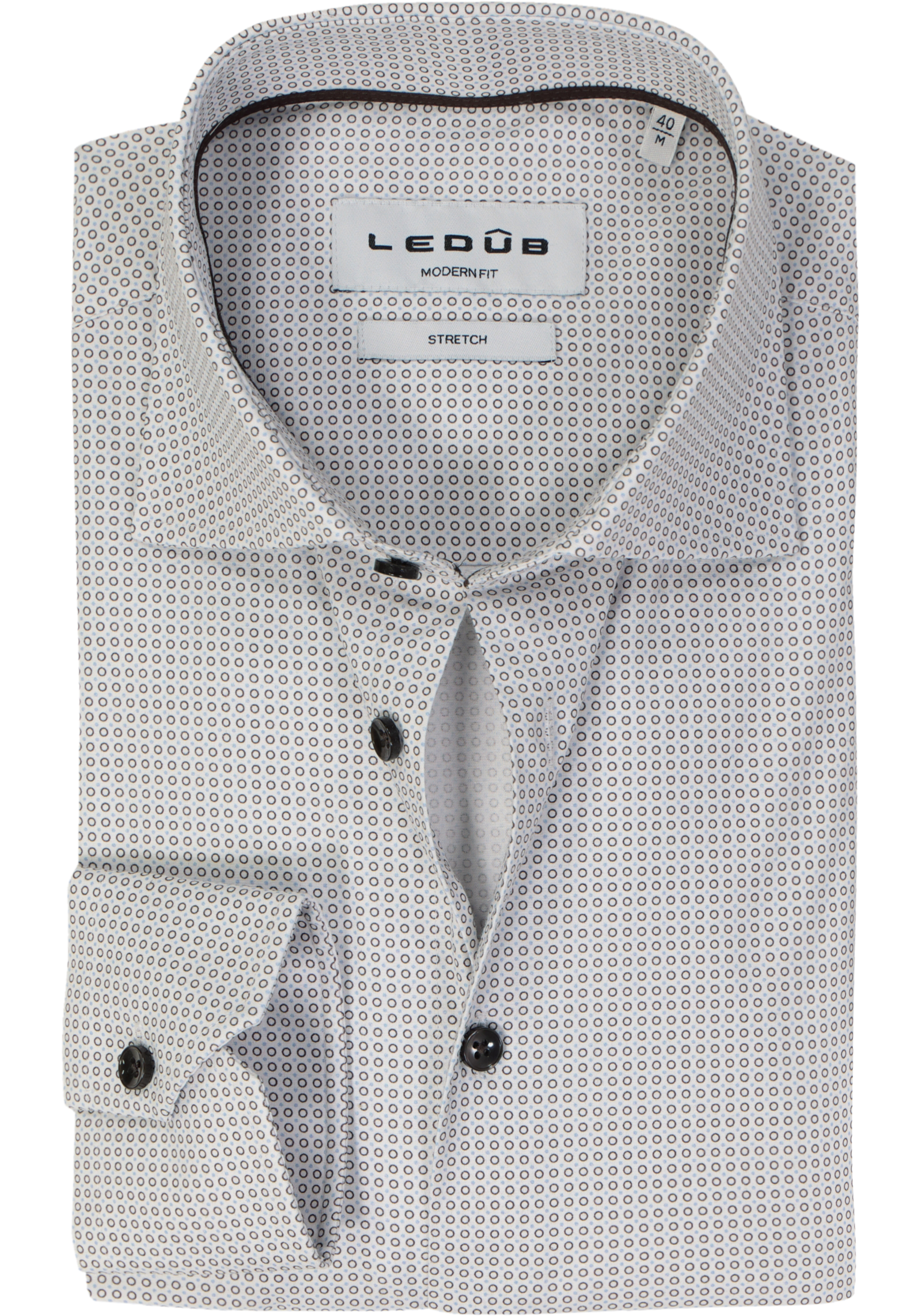 Ledub modern fit overhemd, popeline, donkerbruin met wit dessin