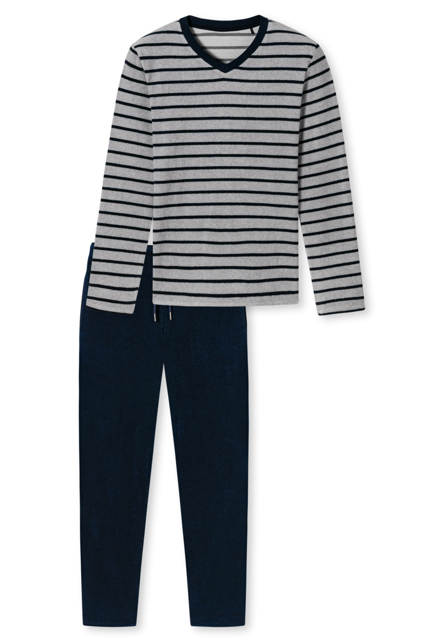 SCHIESSER Warming Nightwear pyjamaset, heren pyjama lang badstof V-hals gestreept grijs-melange