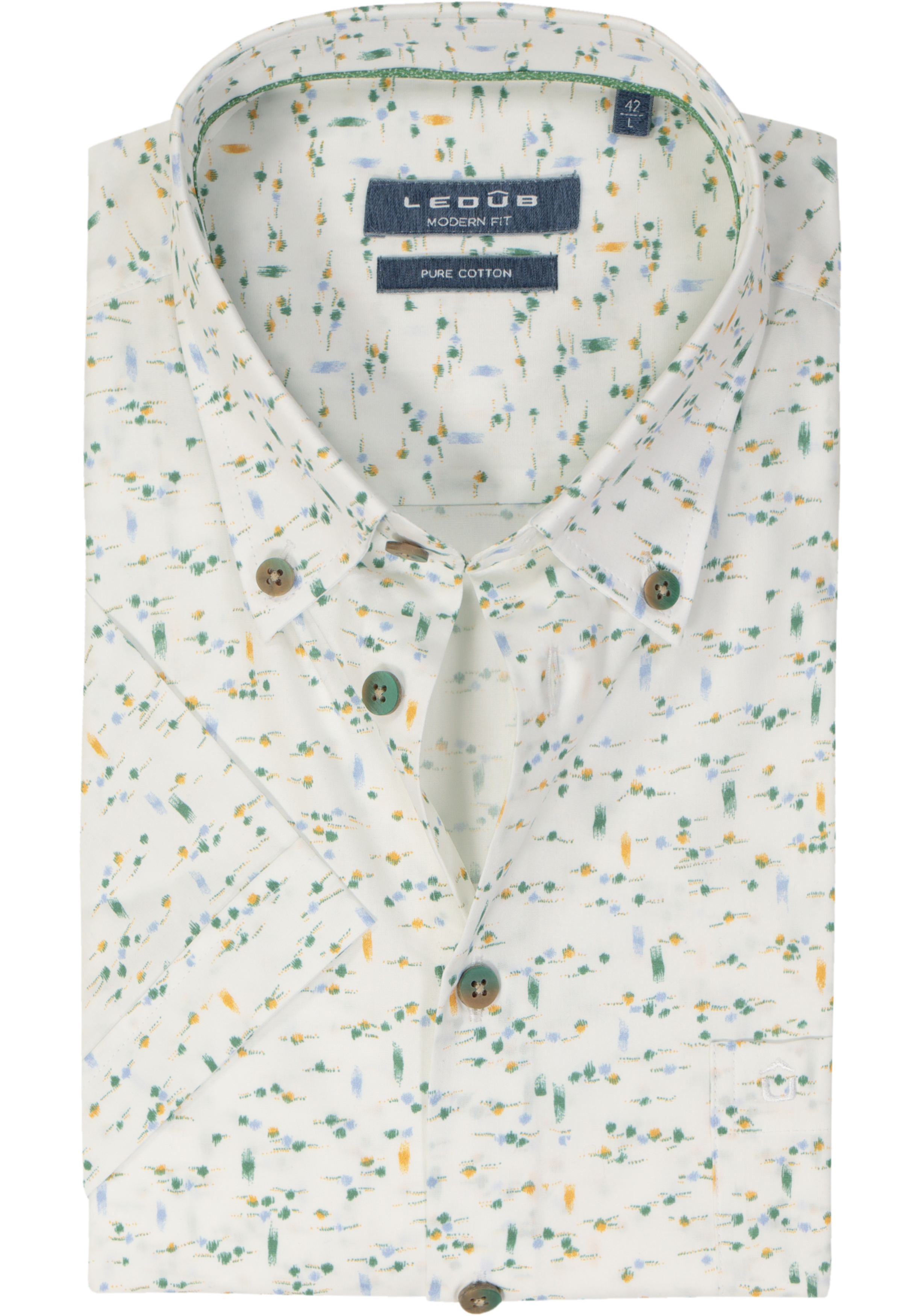 Ledub modern fit overhemd, korte mouw, wit met groen dessin