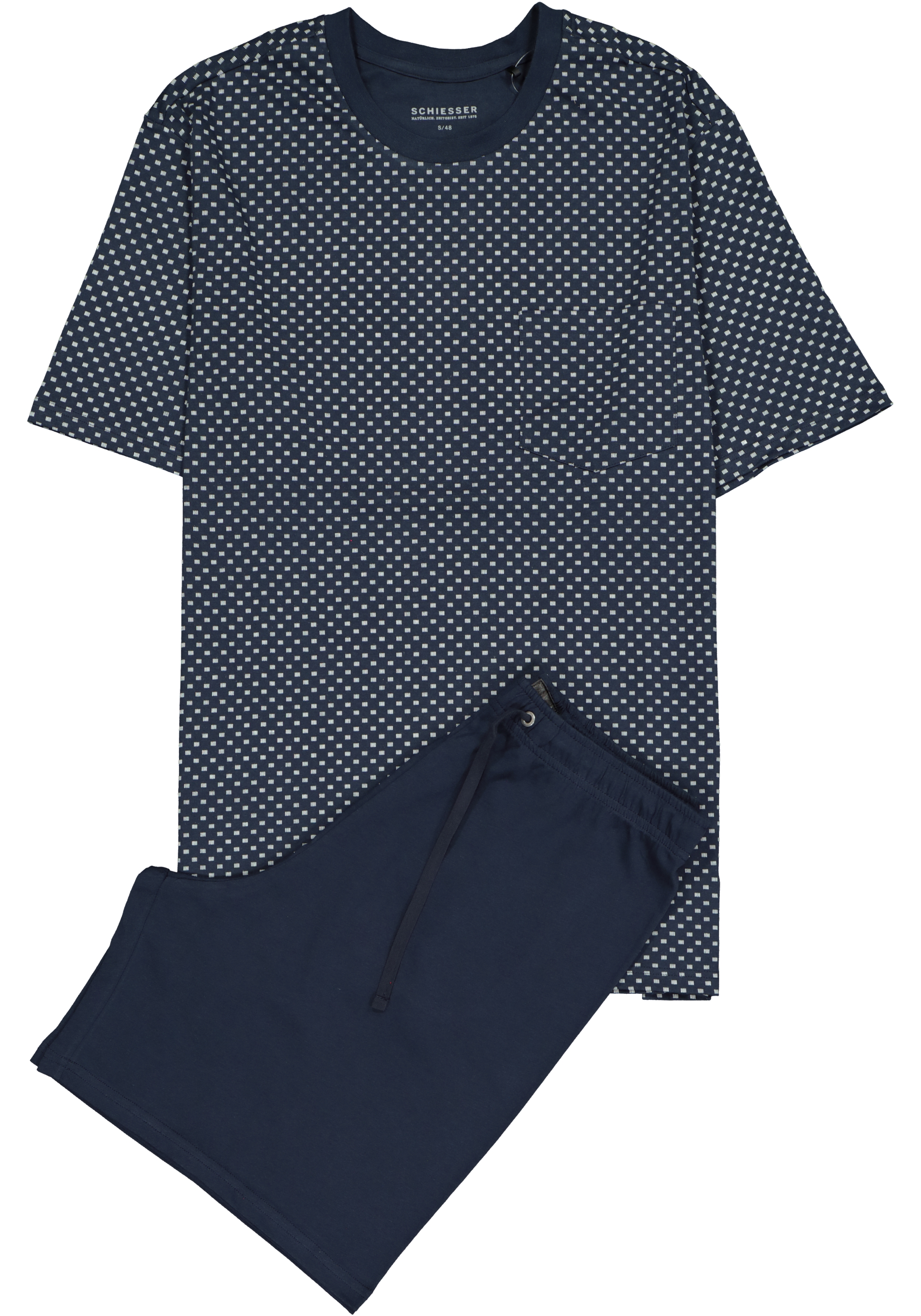 SCHIESSER heren shortama, O-hals, blauw met wit dessin