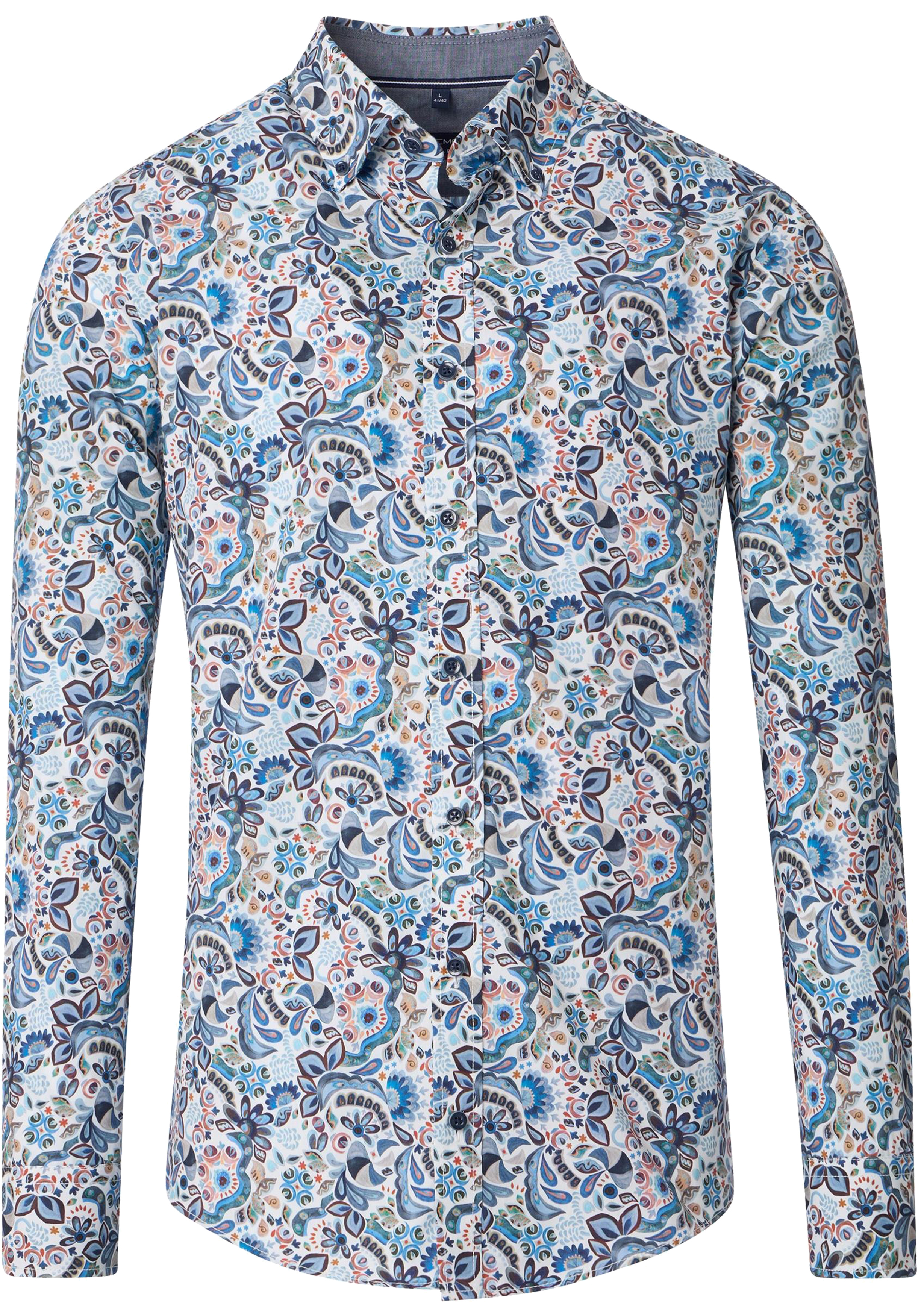 CASA MODA Sport comfort fit overhemd, popeline, wit met blauw, beige en groen dessin