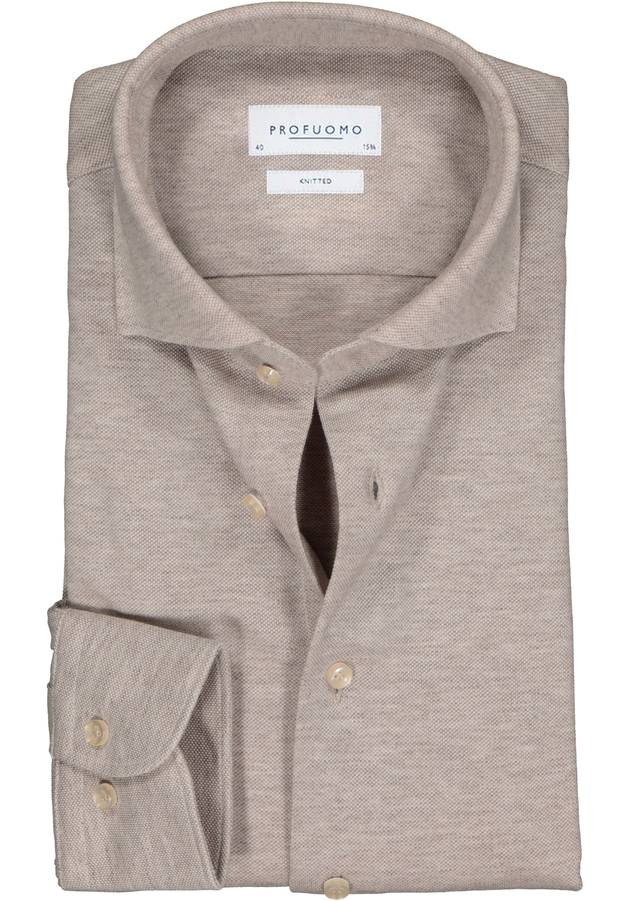 Profuomo slim fit jersey overhemd, knitted shirt pique, beige melange