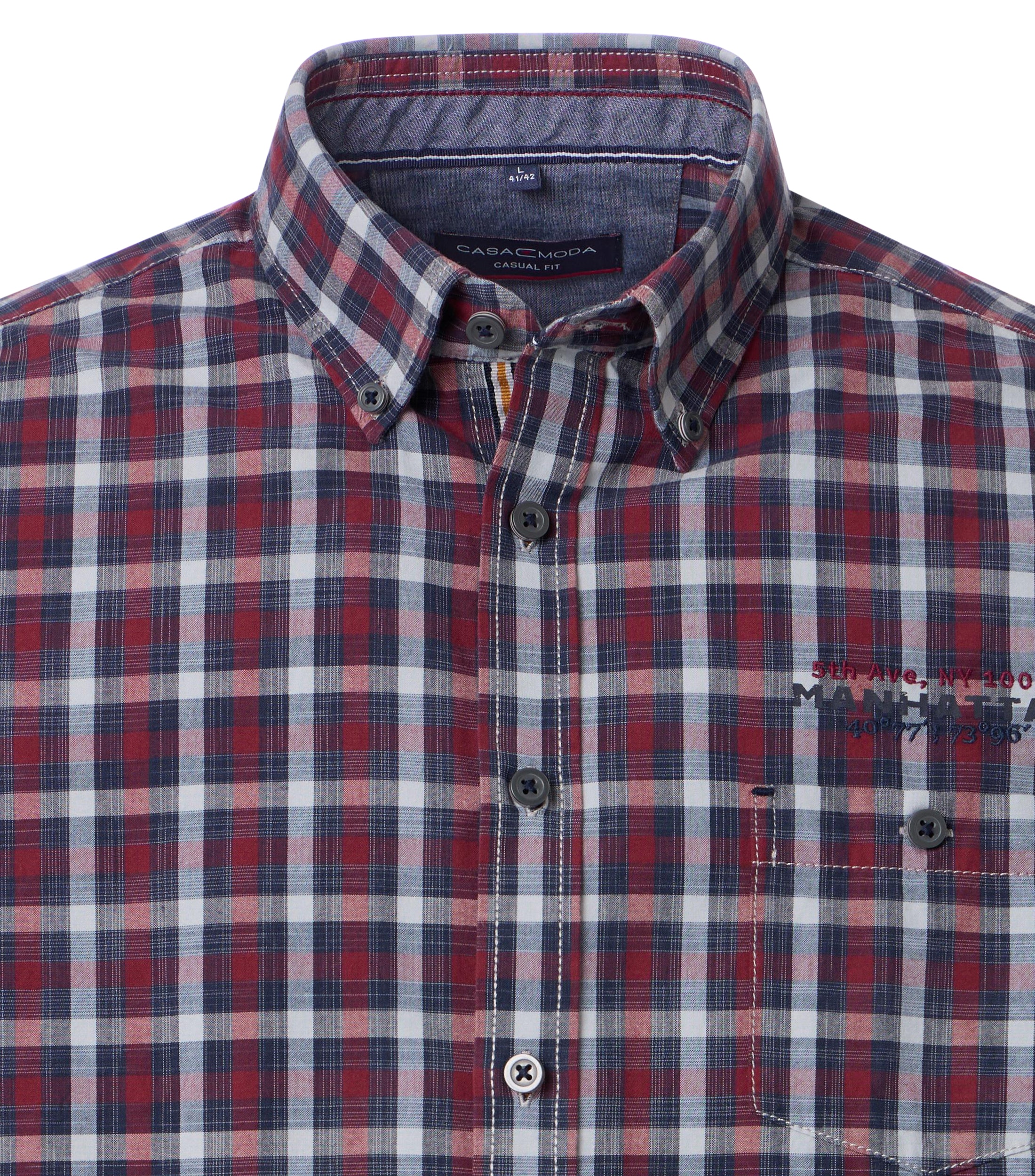 CASA MODA Sport casual fit overhemd, popeline, blauw met donkerrood geruit