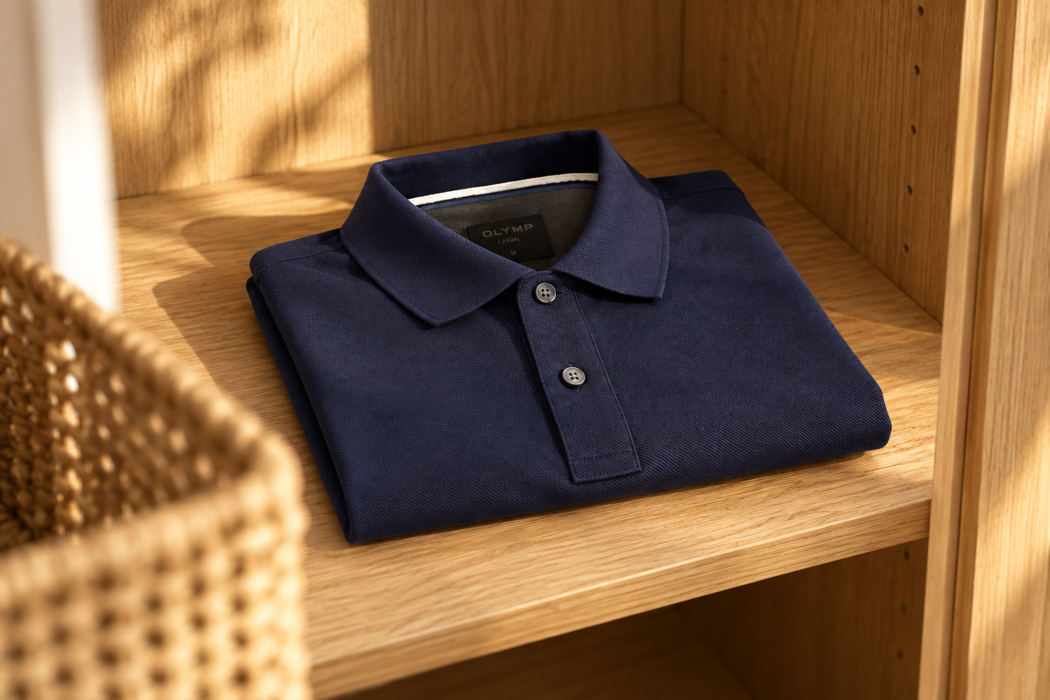 Gevouwen marineblauwe OLYMP polo met twee knopen en zichtbare kraag in een houten kast.